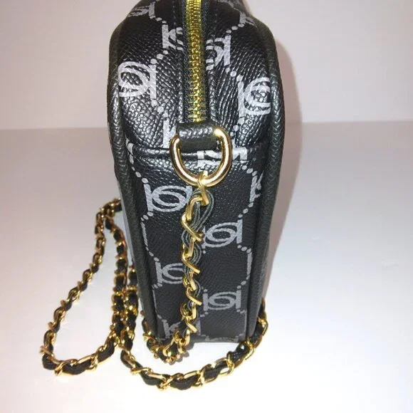 BEBE BLACK & GRAY GOLD MONOGRAM LEATHER CAMERA BAG CROSSBODY PURSE - NWT - Picture 5 of 12